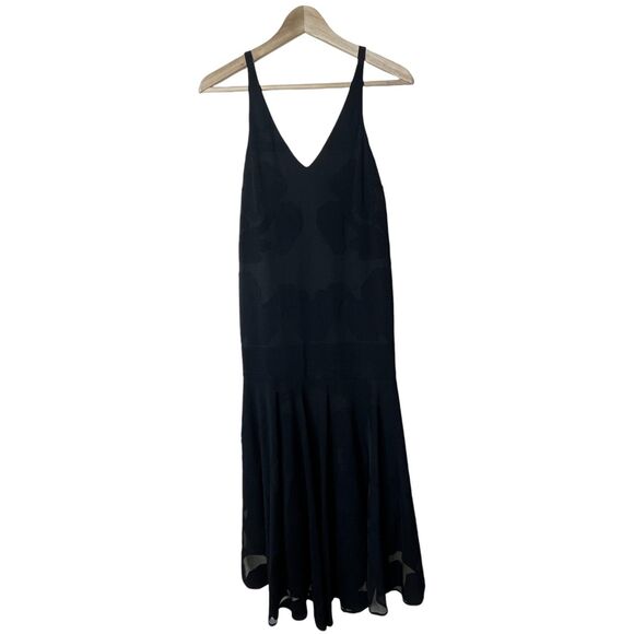 NWT Tibi New York V-Neck Silk Embroidered Black Sheath Dress Sz 0 Midi Ruffle - Picture 1 of 12